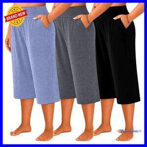Plus Size Capri Sweatpants 3 Pack Elastic Waist Wide Leg Lounge Pants